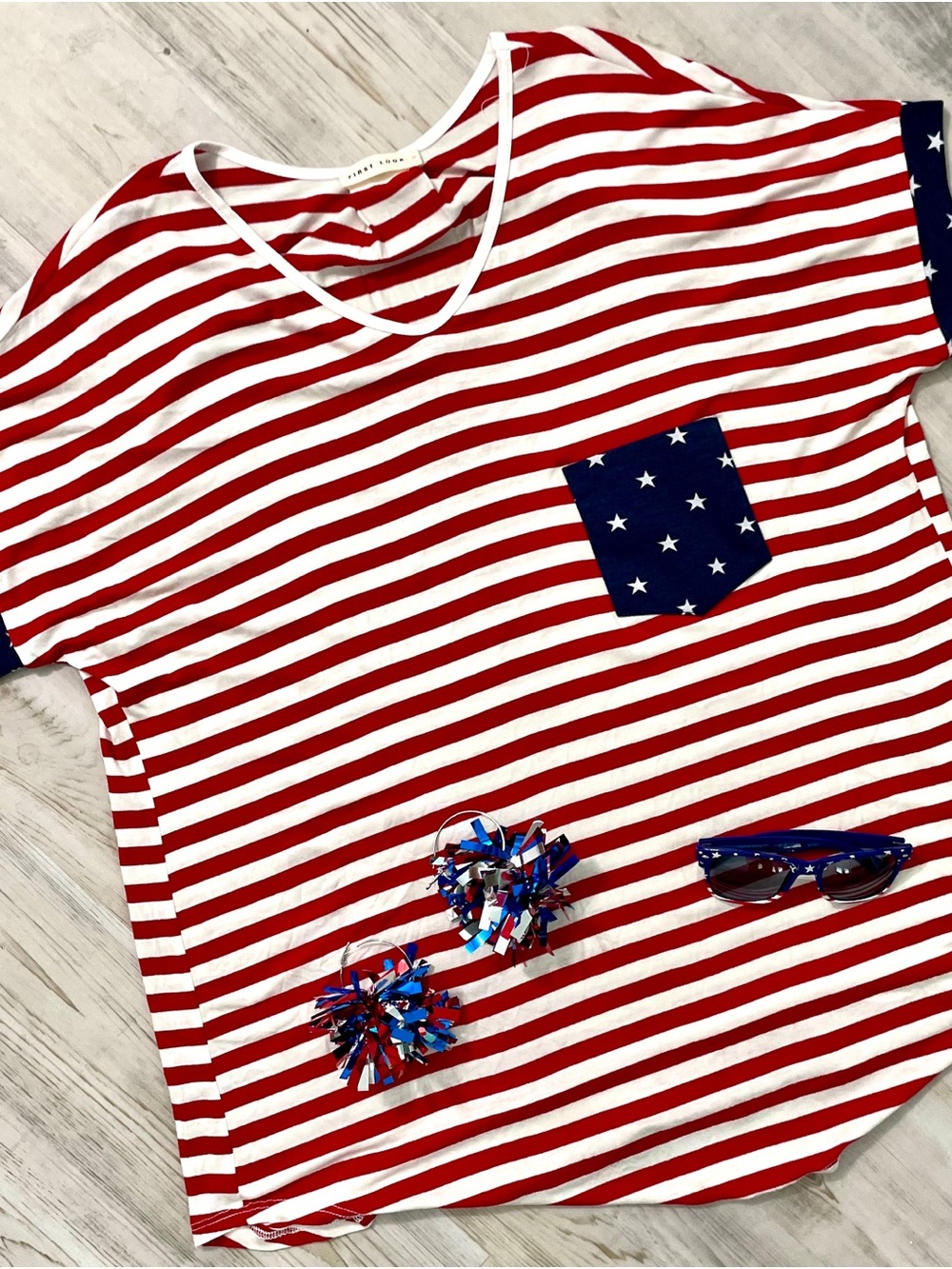 NEW Striped V-Neck Tee with Star Pocket - Red, White & Blue - Picture 3 of 3